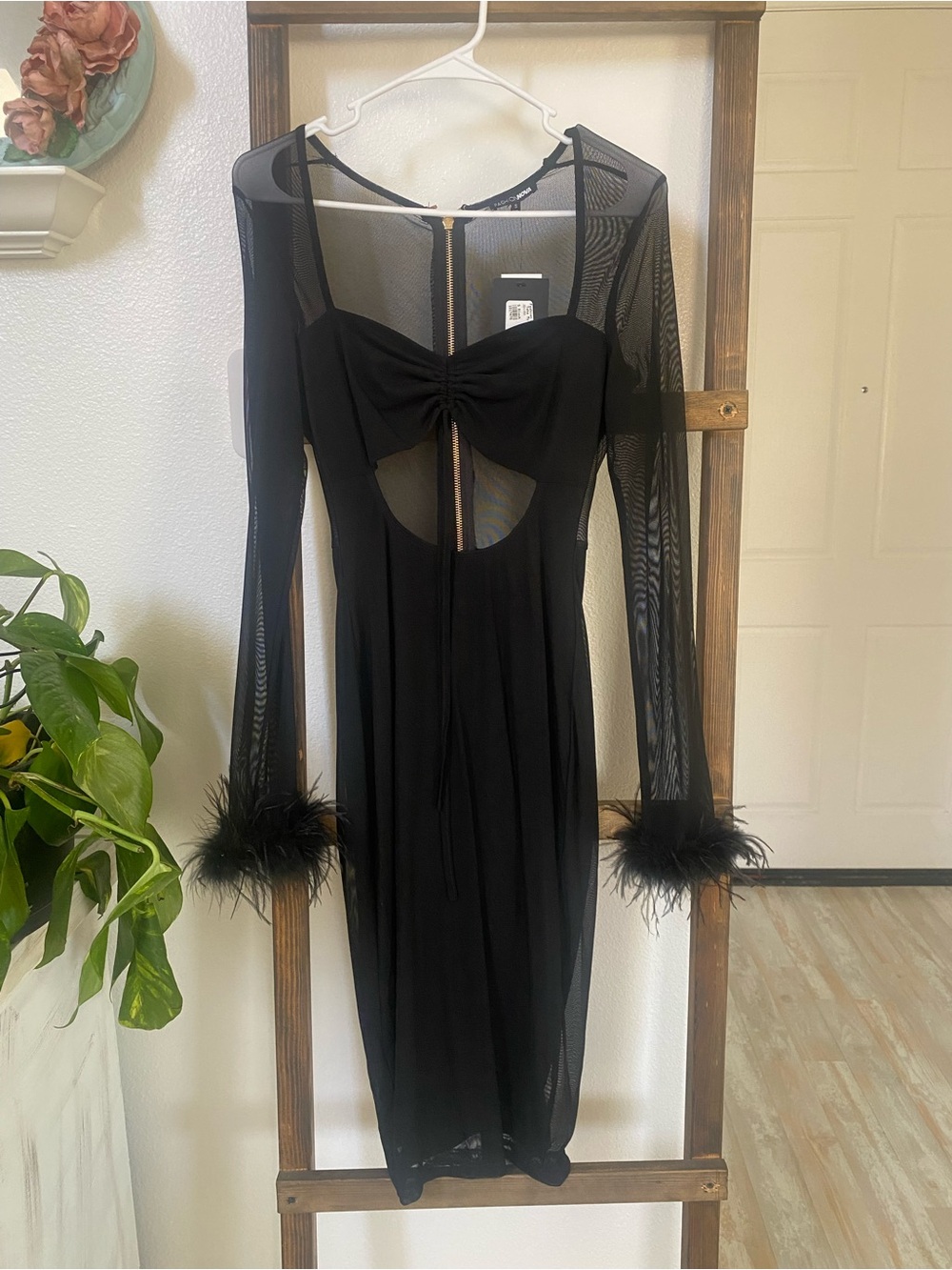 Fashion Nova Black Mesh Cutout Midi Dress with Feather Cuffs